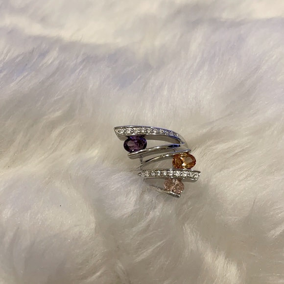 Sterling Silver Ring, purple pink  AAA CZ  faceted Stones, unique statement ring - Picture 3 of 11